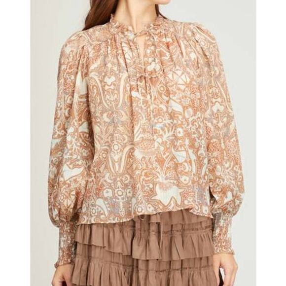 Ulla Johnson Ida Printed Cotton Blend Puff Sleeve Split-Neck Blouse Feldspar 2 - Picture 1 of 10